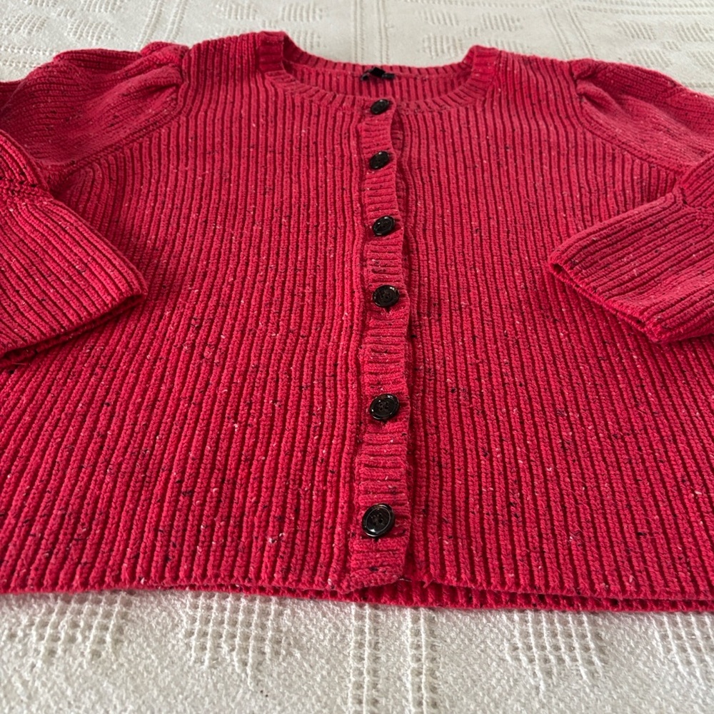Talbots Speckled Red Cable Knit Puff Sleeve Cardigan Sweater‎ Size 2X - Picture 6 of 11